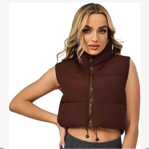 Women's Winter Croped Puffer Vest, Size M,  Zip Up, Gilet Medium Brown, NWT
